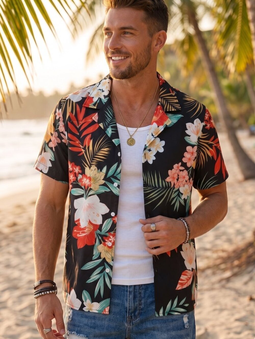 NWOT | Men's Black Tropical Floral Short Sleeve Camp Button Up Shirt Size Small